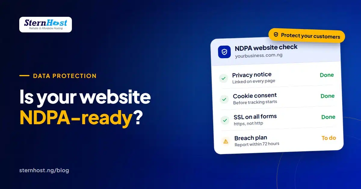 NDPA compliance checklist for a Nigerian business website showing privacy, cookies, SSL and backups
